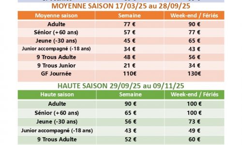 Tarifs 2025 toutes saisons